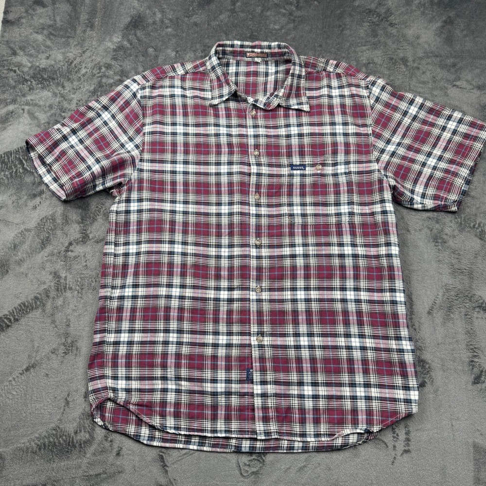 Vtg Guess Flannel Shirt Men Large Burgundy Plaid Short Sleeve Collared Button Up